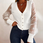 Women's Mesh Long Sleeve Cardigan Embroidered V Neck Knit Sweater Rhinestone Button Ribbed Slim Fit Casual Coat