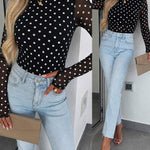 Women's Mesh Polka Dot Top Lined Sheer Long Sleeve Tee Crewneck Slim Fit Layering Under Base Top with Thumbholes