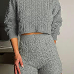 2 Piece Crewneck Long Sleeve Cable Knit Crop Sweater High Waist Shorts Tracksuits Outfits
