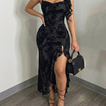 Women's Vintage Flocking Floral Maxi Dress Sexy Cowl Neck Cami Dress High Slit Backless Bodycon Evening Gown