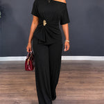 Women's Two Piece Outfits Convertible Shoulder Ruched Top and High Waisted Straight Leg Pants Set