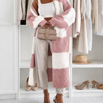 Women's Checkerboard Knit Cardigan Oversized Long Chunky Sweater Loose Lantern Sleeve Coat with Pockets