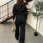 Women's 2 Piece Set V-Neck Cinched Waist Gigot Sleeve Top and High Waist Wide Leg Pants Elegant Set