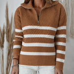 Women's Half Zip Striped Sweater Colorblock Turn-down Collar Knit Pullover Drop Shoulder Loose Fit Top