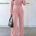 2 Pieces Outfit O-neck Long Sleeve Cinched Waist Sweatshirt and Elastic Waist Wide Leg Pants Set Casual Seam Design Sweatpants Set