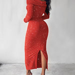 Off Shoulder Long Sleeve Chic Mental Buckle Ruched Mid-Calf Dress