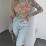 Women's Floral Print Sheer Mesh Top Long Sleeve Slim Fit Crewneck Layering Top with Thumb Hole Cuffs