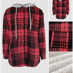 Plaid Print Button Front Pocket Design Drawstring Hoodie Jacket Casual Asymmetrical Hem Thermal Lined Warm Coat