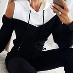 2 Pieces Outfit Colorblock Cold Shoulder Long Sleeve Drawstring Hoodie Top and Casual Contrast Striped Decor Elastic Waist Jogger Pants Set