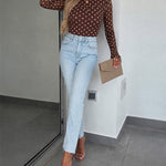 Women's Mesh Polka Dot Top Lined Sheer Long Sleeve Tee Crewneck Slim Fit Layering Under Base Top with Thumbholes