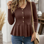 Women's Peplum Ruffle Hem Cardigan Cable Knit Slim Fit Sweater V Neck Gold Bow Button Down Top