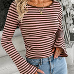 Women's Striped Boat Neck Ribbed Flare Sleeve Top Slim Fit Ruched Pullover