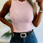 Rhinestone Decor O-neck Sleeveless Knit Tee Slim Fit Tank Top