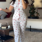 2 Pieces Outfit Strawberry Print Stand Collar Short Sleeve T-shirt and Pants Pajamas Set