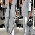 2 Pieces Outfit Notched Collar Single Breasted Pockets Design Coat and Elastic Waist Seam Front Wide Leg Pants Set Casual Contrast Side Striped Blazer Set