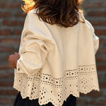 Women's Burnout Pattern Scalloped Hem Suede Coat Lapel Collar Button Front Cropped Jacket
