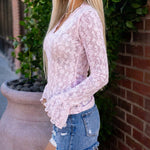 Women's V Neck Floral Lace Top Long Sleeve Flare Cuff Sheer Slim Fit Blouse