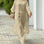 2 Pieces Outfit Button Decor One Shoulder Turn-Up Sleeves Slit Raw Edges Top and Casual Drawstring Elastic Waist Wide Leg Pants Set