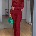 2 Pieces Outfit Cowl Neck Lace Spliced Long Sleeve Top and Elastic Waist Wide Leg Pants Set Casual Glitter Set