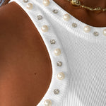 Women's Pearls Rhinestone Knit Racerback Tank Top Ribbed Crewneck Sleeveless Top