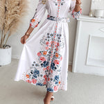 Floral Print V Neck Three Quarters Tied Detail Blouse Dress Casual A Line Slim Fit Maxi Dress