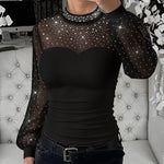 Rhinestone Decor Mock Neck Lantern Sleeve Sheer Mesh Spliced Tee Hollow-out Back Slim Fit Top