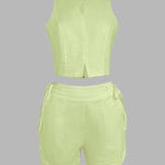 2 Pieces Outfit Button Decor Sleeveless Hollow-out Front Zipper Back Crop Top and Casual Elastic Back Waist Tie Side Shorts Set