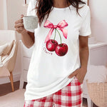 2 Pieces Outfit Cherry & Bowknot Print Short Sleeve Top and Plaid Print Elastic Waist Pants Set Casual Pajamas Set