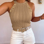 Women's Halter Neck Knit Tank Top Gold Button Cable Knit Vest Sleeveless Slim Fit Ribbed Top
