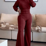2 Pieces Outfit O-neck Long Sleeve Cinched Waist Sweatshirt and Elastic Waist Wide Leg Pants Set Casual Seam Design Sweatpants Set