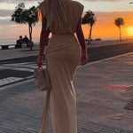 Women's Knit Two Piece Set Shoulder Pad Cap Sleeve Crop Top and Tied Detail High Slit Skirt Ribbed Matching Suit