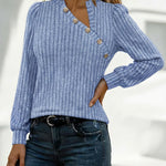 Button Decor Asymmetrical V-Neck Long Sleeve Ribbed Tee Casual Knit Brushed Top