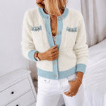 Women's Contrast Binding Knit Cardigan Pearl Beaded Textured Cropped Sweater Elegant Rhinestone Button Coat