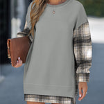 Plaid Print Spliced Long Sleeve Drop Shoulder Sweatshirt Casual Side Slit Top