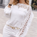 Crewneck Guipure Lace Long Sleeve Hollow Out Knit Sweaters Pullover Tops