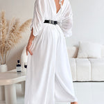 Deep V-Neck Ruched Three Quarters Sleeve Backless Overalls Casual Waist-Gathered Tied Detail Jumpsuit without Belt