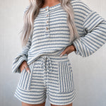 Women's Striped Two Piece Outfit Henley Lantern Sleeve Top and Drawstring Shorts Casual Lounge Set