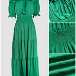 Off Shoulder Short Sleeve Frill Hem Lace Up Dress Casual Strechy Waist Flared Maxi Dress
