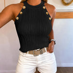 Women's Halter Neck Tank Top Vintage Gold Button Wave Textured Sleeveless Slim Fit Top