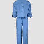 2 Pieces Outfit Turn-down Collar Turn-Up Sleeves Button Front Flap Pockets Design Top and Causal Zipper Fly Elastic Back Waist Wide Leg Pants Set