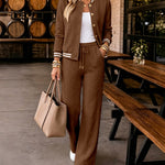 Women's 2 Piece Cable Knit Tracksuit Baseball Collar Crop Coat and High Waist Pants Set