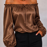 Women's Off Shoulder Satin Frill Trim Tie Front Lantern Sleeve Top