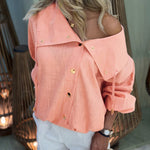 Women's Turn-down Collar Long Sleeve Blouse Casual Gold Button Loose Drawstring Shirt