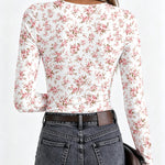 Women's Ditsy Floral Print Crew Neck Long Sleeve Slim Fit Top with Thumbholes