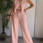 Women's Two Piece Outfits Faux Two Piece Sleeveless Crop Top and High Waisted Wide Leg Pants Elegant Matching Suit