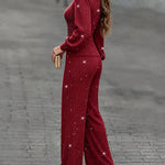 Women's 2 Piece Glitter Set Deep V Neck Lantern Sleeve Ruched Top and Wide Leg Pants with Pockets