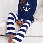 Women's 2 Piece Pajama Set Anchor Long Sleeve Top and Striped Wide Leg Pants Casual Lounge Set