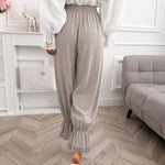 Women's Lace Patchwork Pants Elastic High Waist Hollow Out Ruffle Hem Lantern Trousers Casual Loose Lounge Pants