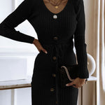Button Decor V-Neck Long Sleeve Knit Bodycon Dress Drawstring Waist Ribbed Mini Dress