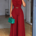 Women's Cowl Neck Wide Leg Jumpsuit High Waist Sleeveless Chiffon Overlay Spliced Evening Overalls with Belt